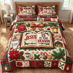 Open Bible Jesus Reason Christmas quilted 3-piece bedding set on a made bed in a winter-styled bedroom