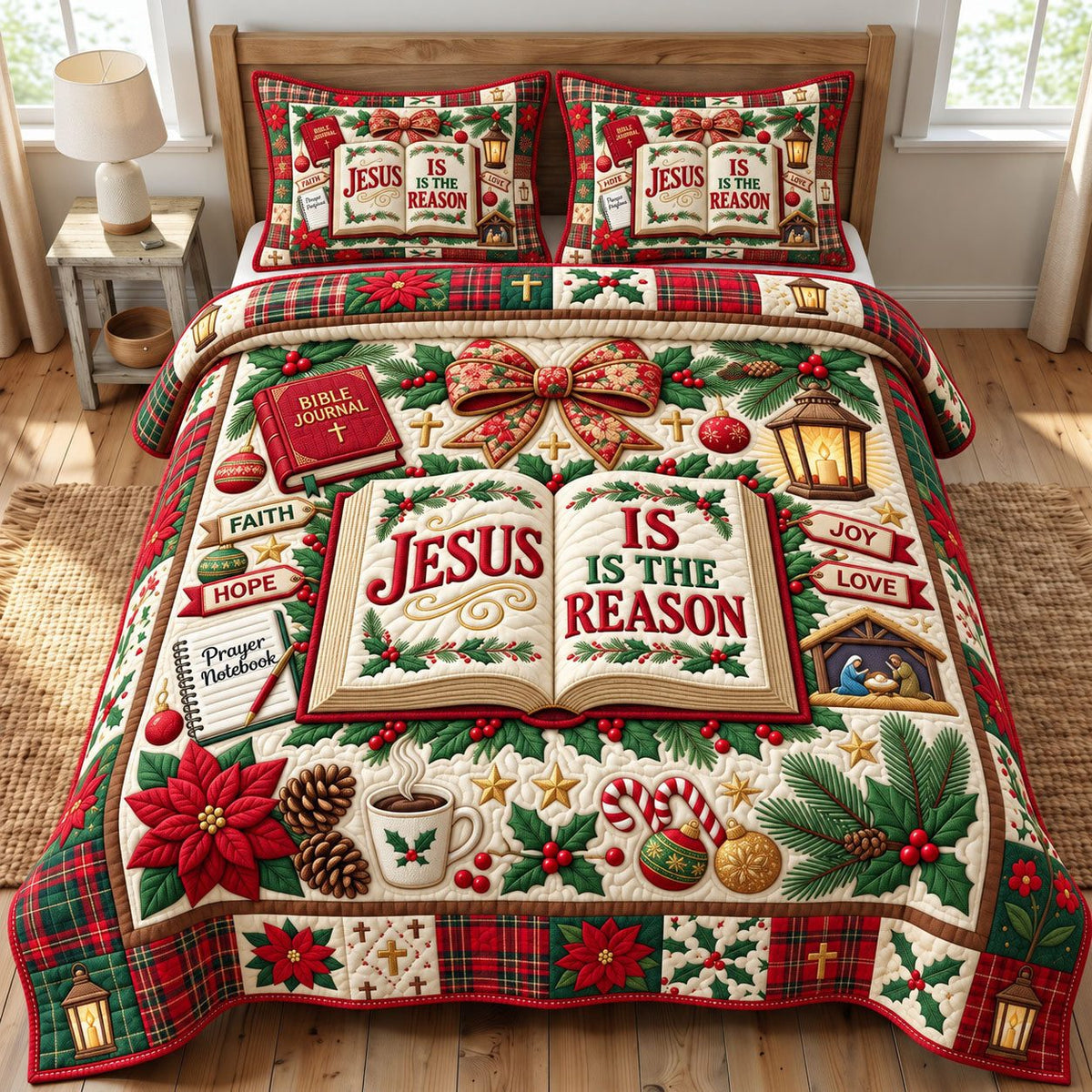 Open Bible Jesus Reason Christmas quilted 3-piece bedding set on a made bed in a winter-styled bedroom