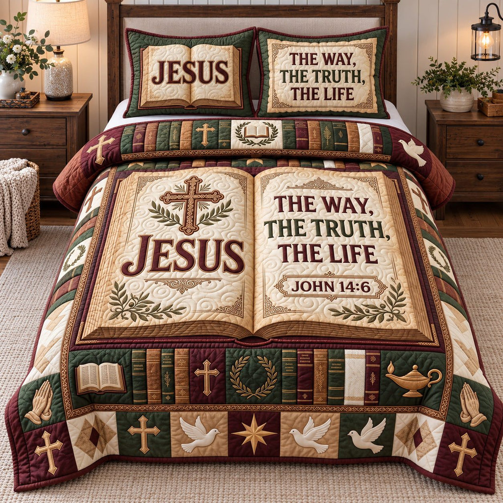 Open Bible Jesus Way Truth Life quilted 3-piece bedding set on a made bed in a softly lit bedroom