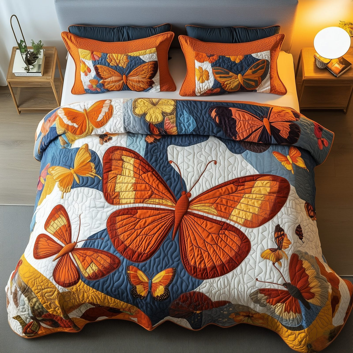 Orange Butterflies Bright quilted 3-piece bedding set on a made bed with two matching pillow shams