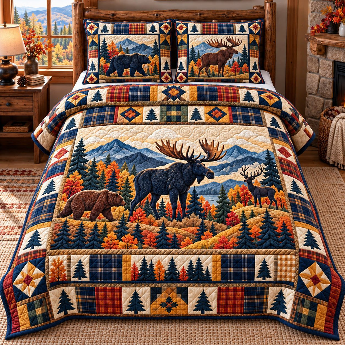 Orange Sunset Moose Bear Patchwork quilted 3-piece bedding set on a made bed in a farmhouse bedroom