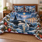 Orca Star Fjord printed Christmas quilt and two matching pillow shams; design mockup showing a flat printed depth effect.