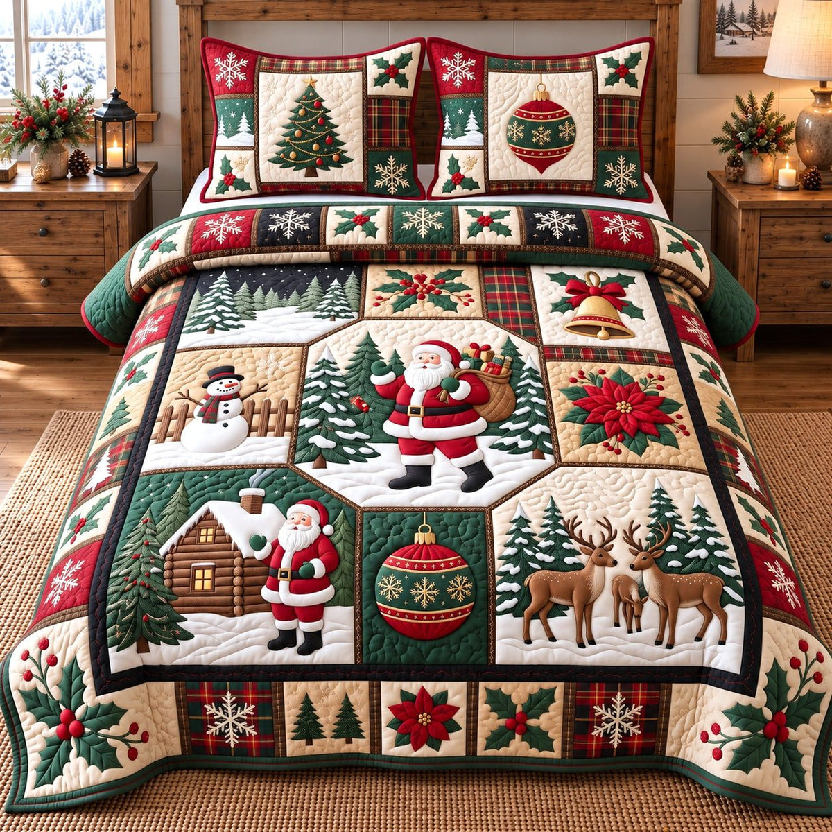 Ornament Bell Festive Patchwork quilted 3-piece bedding set on a made bed in a winter-styled bedroom