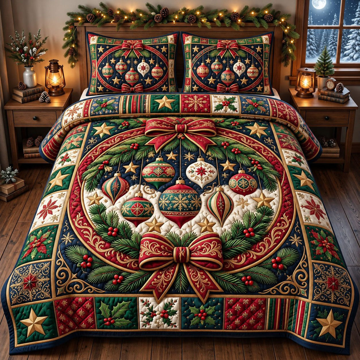 Ornament Wreath Gift quilted 3-piece bedding set on a made bed with two matching pillow shams