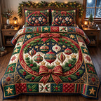 Ornament Wreath Gift quilted 3-piece bedding set on a made bed with two matching pillow shams