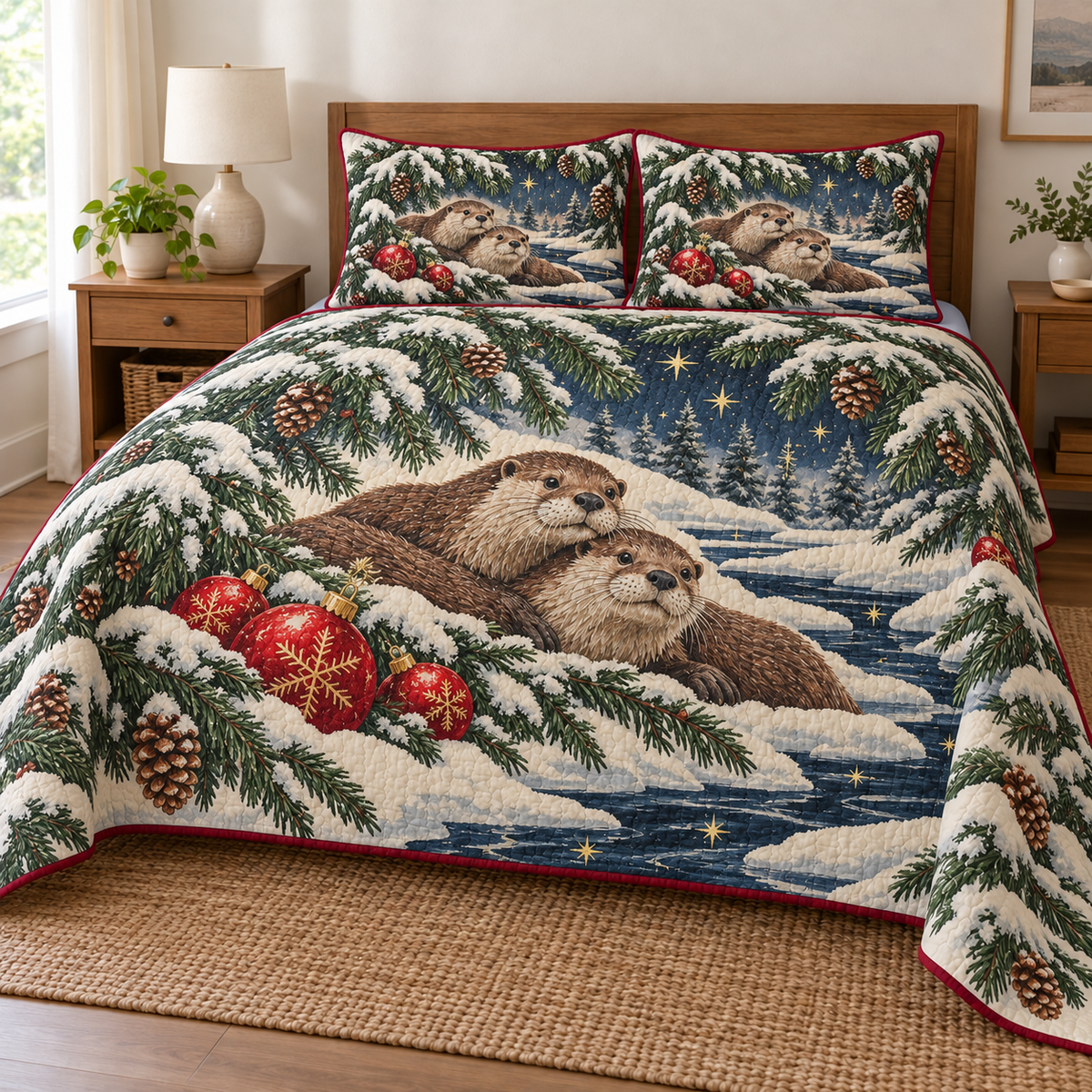 Christmas river otter quilt and two matching pillow shams with snowy fir arches, red baubles and cranberry binding; design mockup.