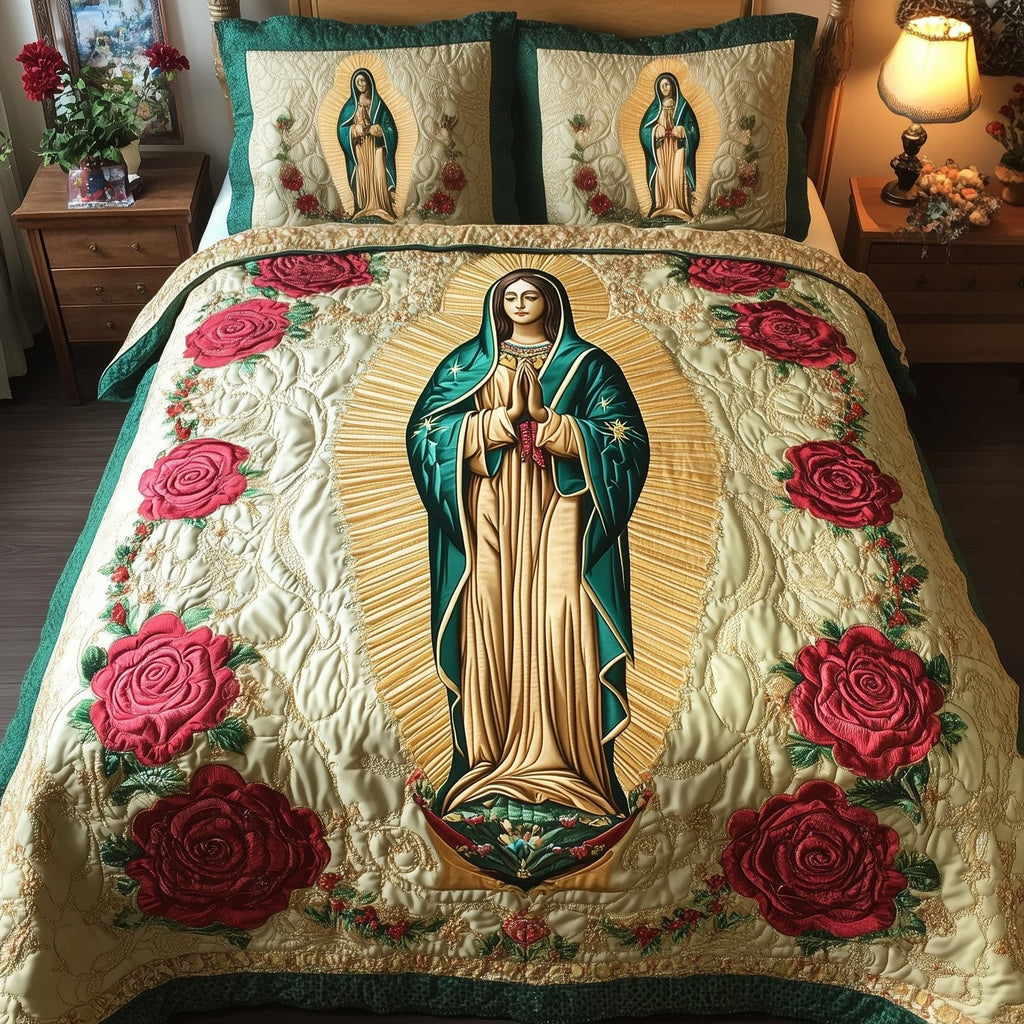 Our Lady Of Guadalupe Gold quilted 3-piece bedding set on a made bed with two matching pillow shams
