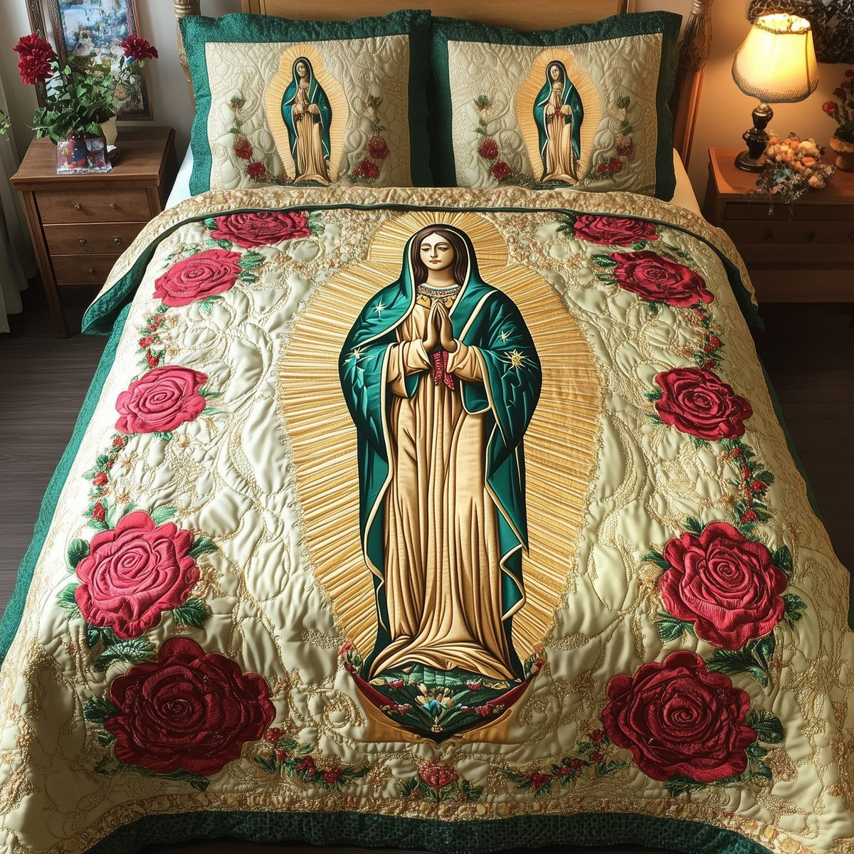 Our Lady Of Guadalupe Gold quilted 3-piece bedding set on a made bed with two matching pillow shams