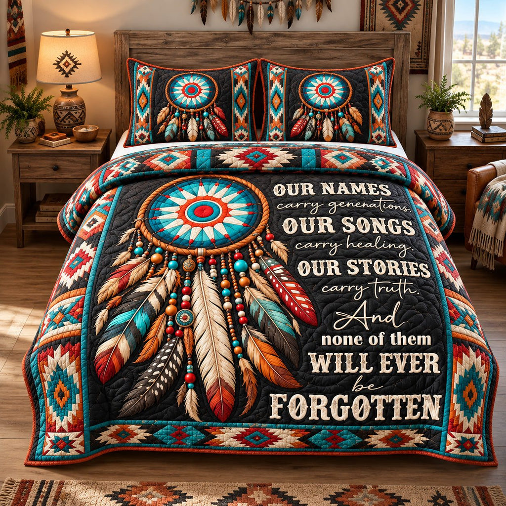 Our Stories Live On quilted 3-piece bedding set on a made bed with two matching pillow shams