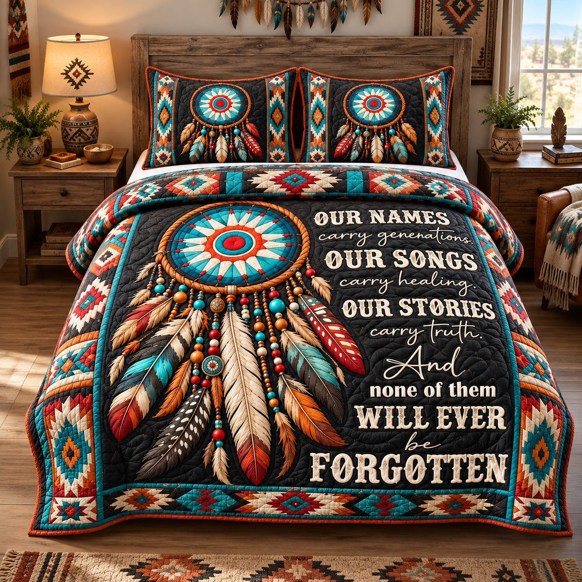 Our Stories Live On quilted 3-piece bedding set on a made bed with two matching pillow shams