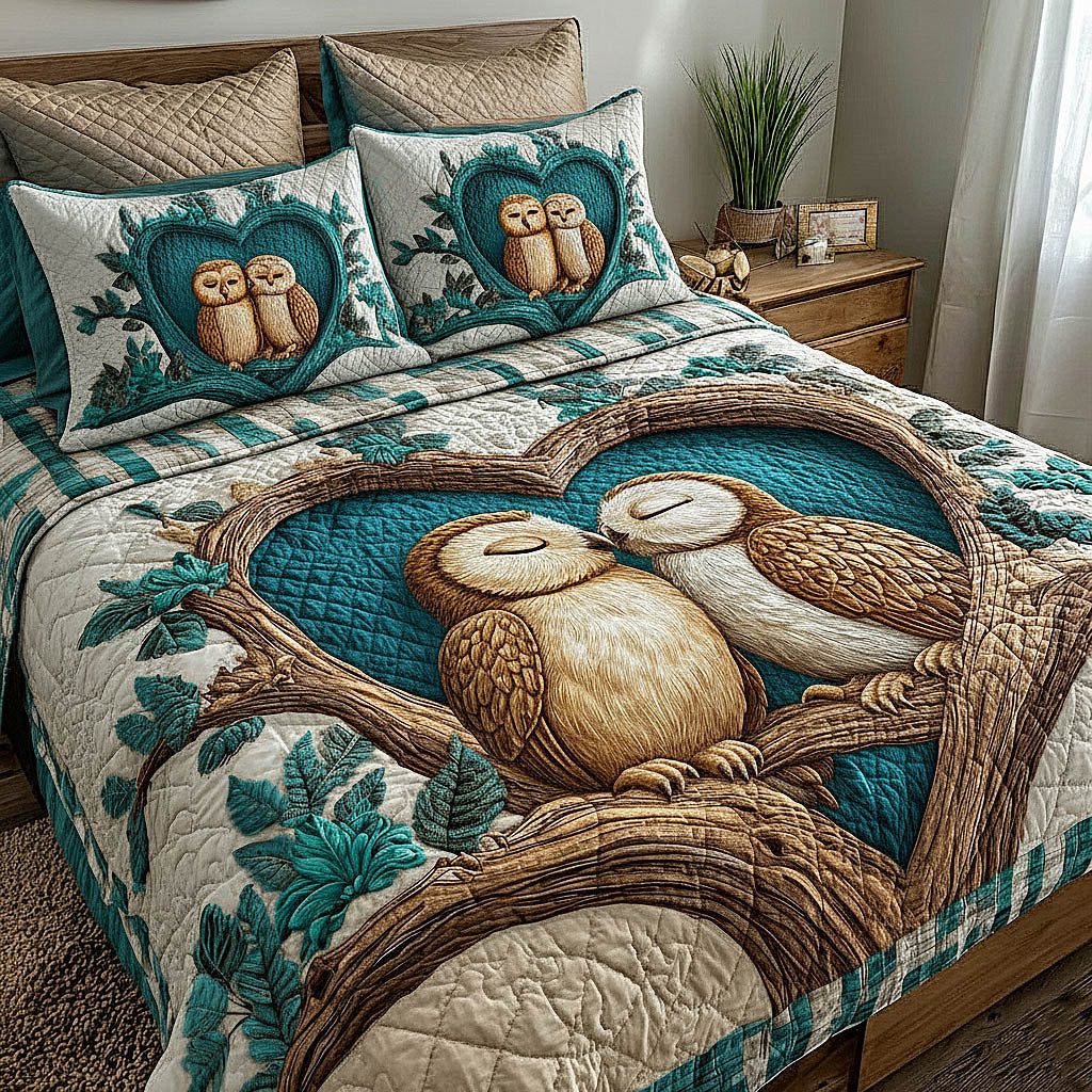 Owl Couple Branch Teal quilted 3-piece bedding set on a made bed in a rustic timber bedroom