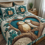 Owl Couple Branch Teal quilted 3-piece bedding set on a made bed in a rustic timber bedroom