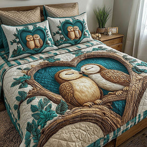 Owl Couple Branch Teal 3-Piece Quilted Bedding Set