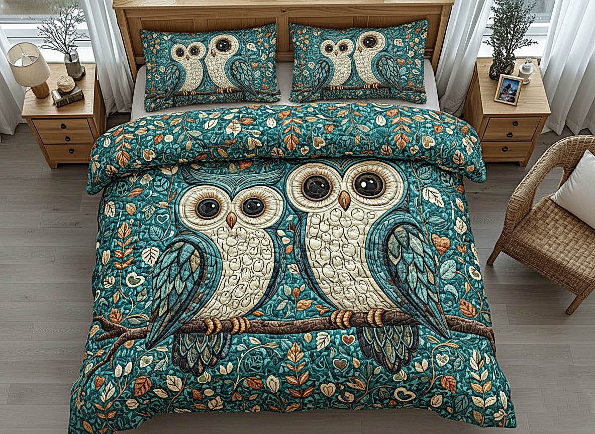 Owl Couple Teal Pair quilted 3-piece bedding set on a made bed with two matching pillow shams