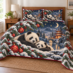 Panda Moon Pagoda printed Christmas quilt and two matching pillow shams; design mockup showing a flat printed depth effect.
