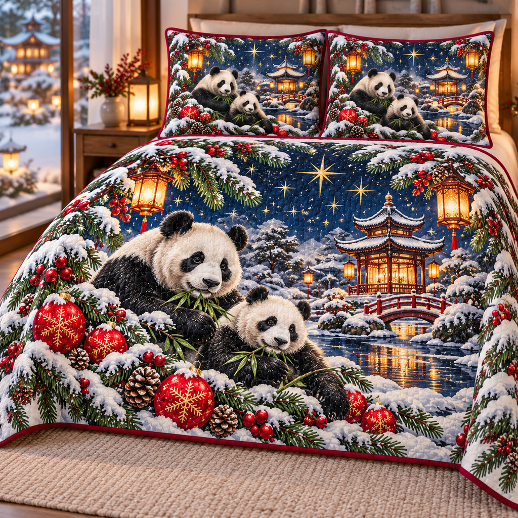 Panda Winter Lantern Pagoda printed Christmas quilt and two matching pillow shams; design mockup showing a flat printed depth effect.