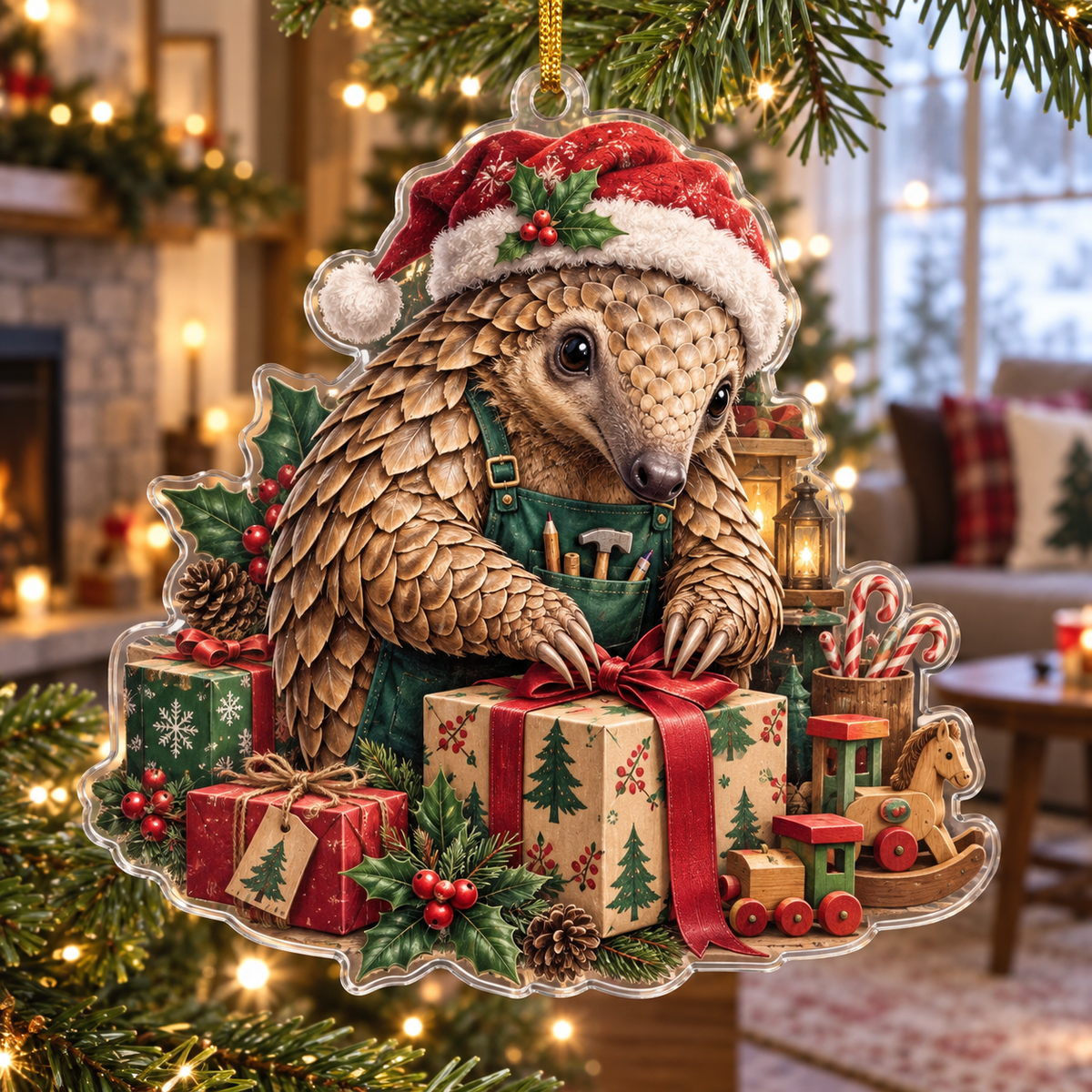 Pangolin Acrylic Christmas Ornament — digital product visualization