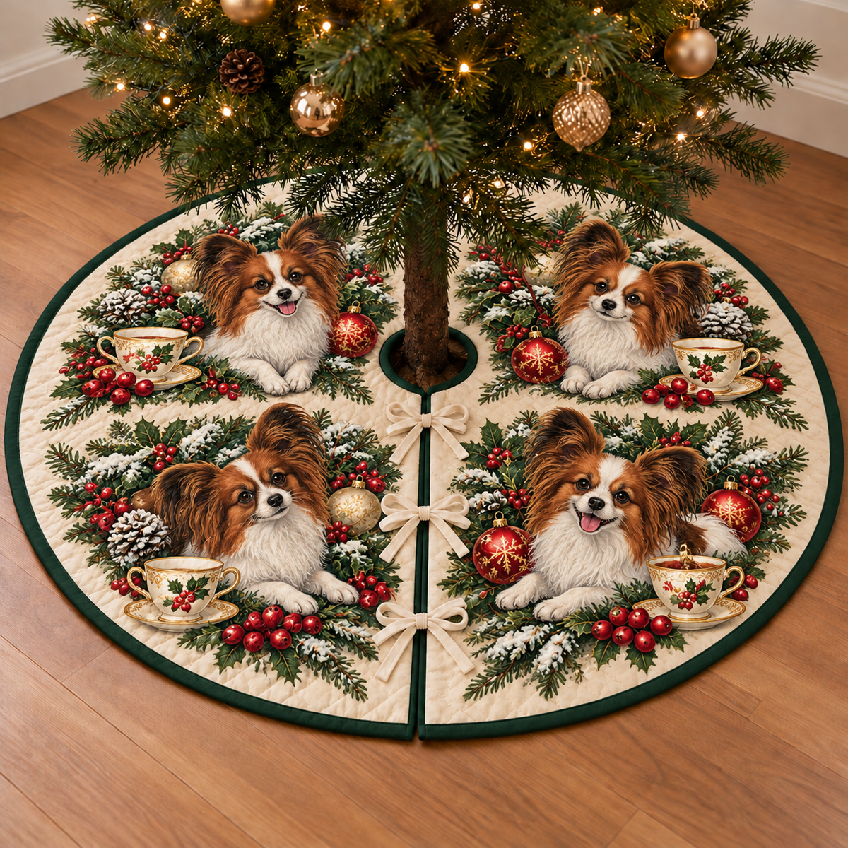 Papillon Cranberry Toy Cup printed Christmas circular tree skirt; design mockup showing a flat printed depth effect.