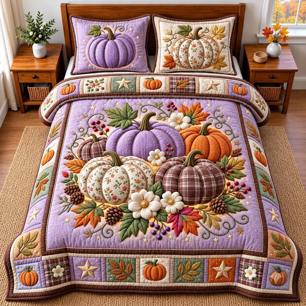Pastel Pumpkin Harvest quilted 3-piece bedding set on a made bed against a dark styled interior