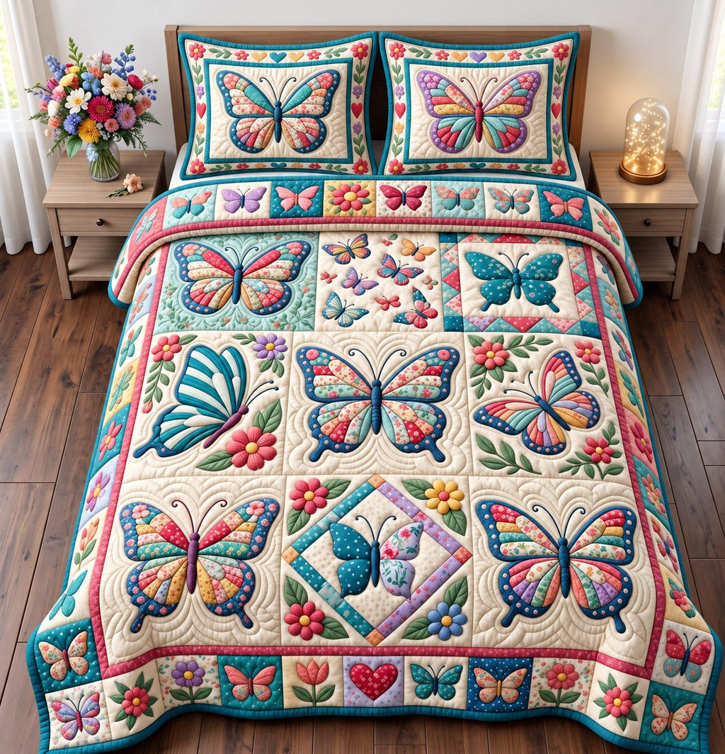 Pastel Squares Patchwork Butterfly quilted 3-piece bedding set on a made bed in a farmhouse bedroom