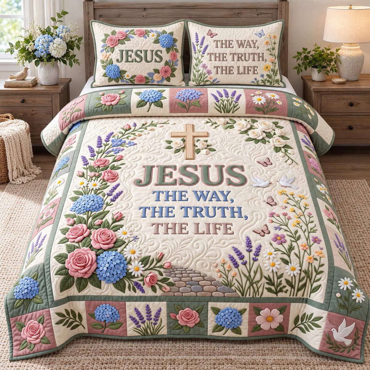 Pastel Wildflower Jesus Way Truth Life quilted 3-piece bedding set on a made bed in a softly lit bedroom