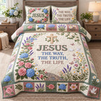 Pastel Wildflower Jesus Way Truth Life quilted 3-piece bedding set on a made bed in a softly lit bedroom