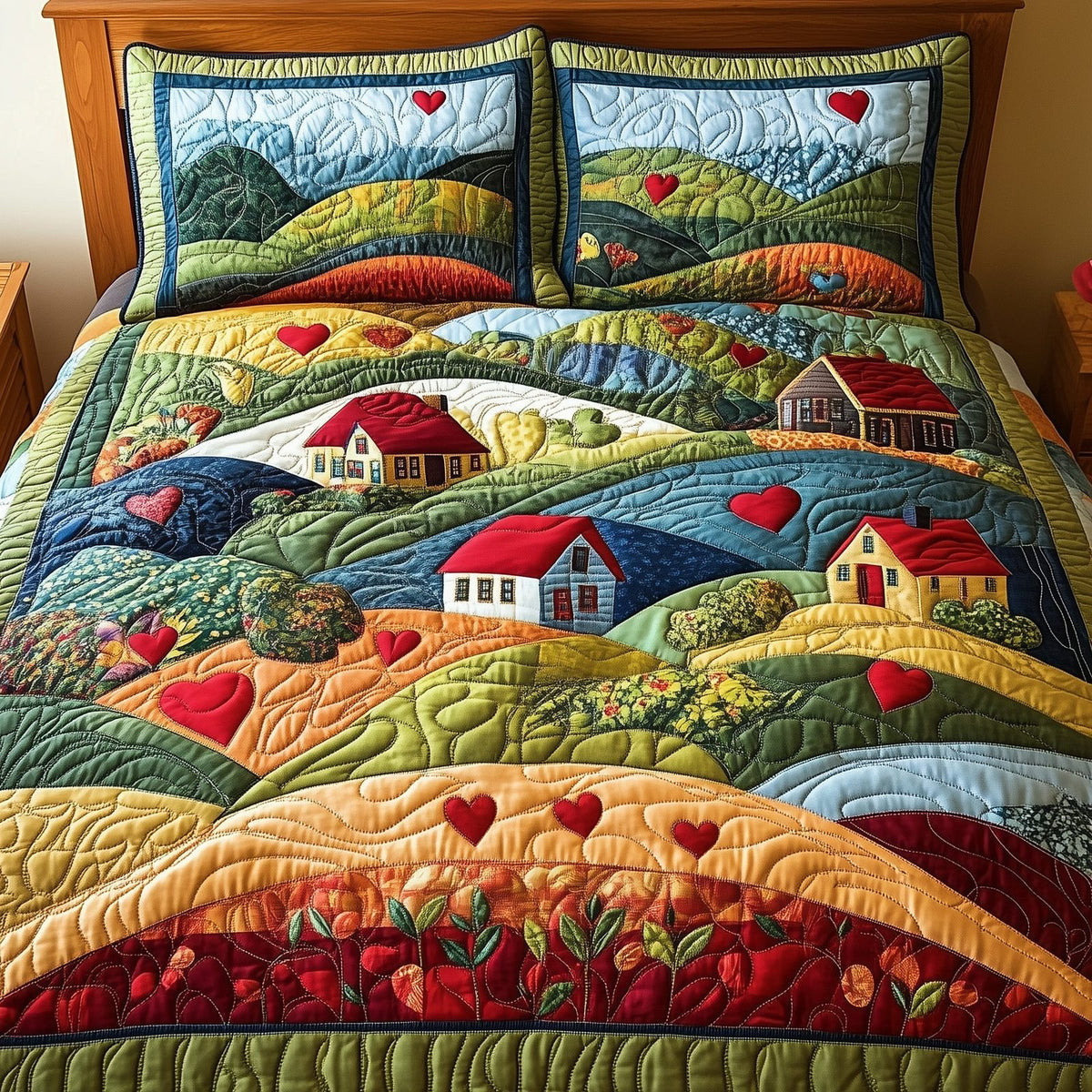 Pastoral Dreams Hills quilted 3-piece bedding set on a made bed with two matching pillow shams