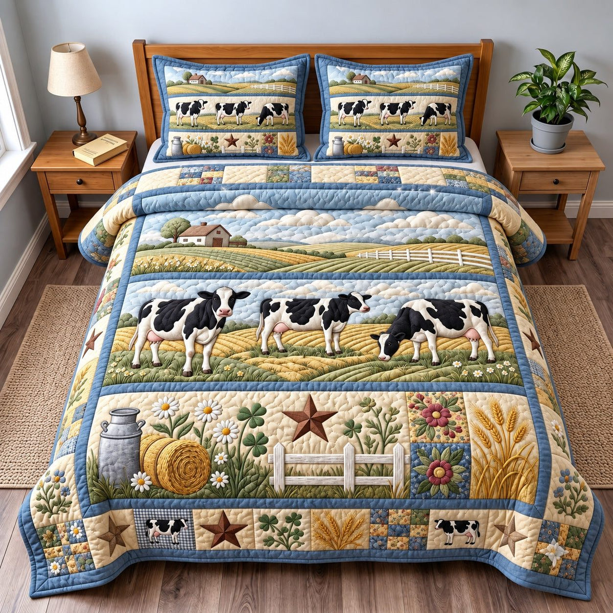 Pasture Cow quilted 3-piece bedding set on a made bed with two matching pillow shams