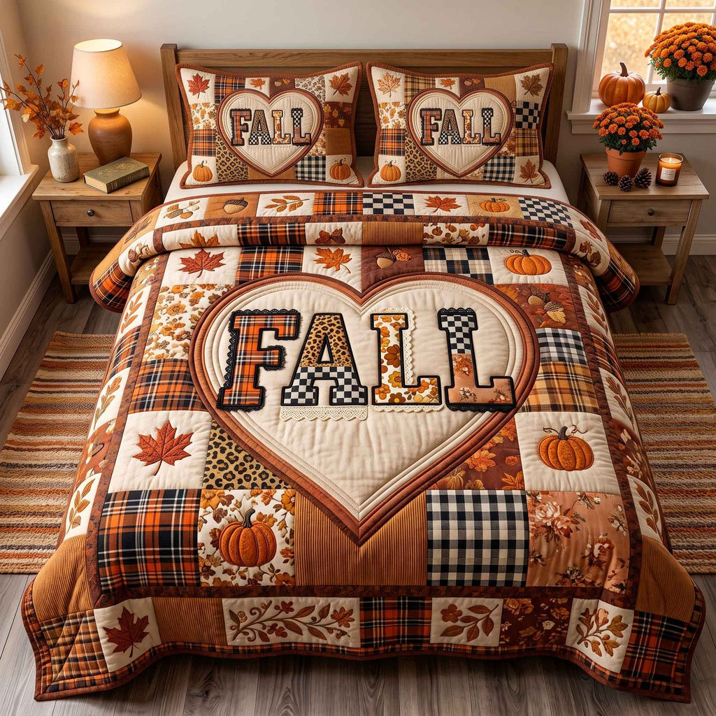 Patchwork Autumn Bliss Fall quilted 3-piece bedding set on a made bed in a farmhouse bedroom
