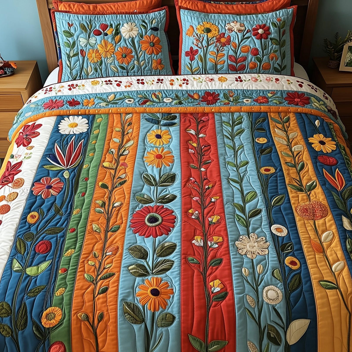 Patchwork Blooming Meadow Rust quilted 3-piece bedding set on a made bed in a farmhouse bedroom