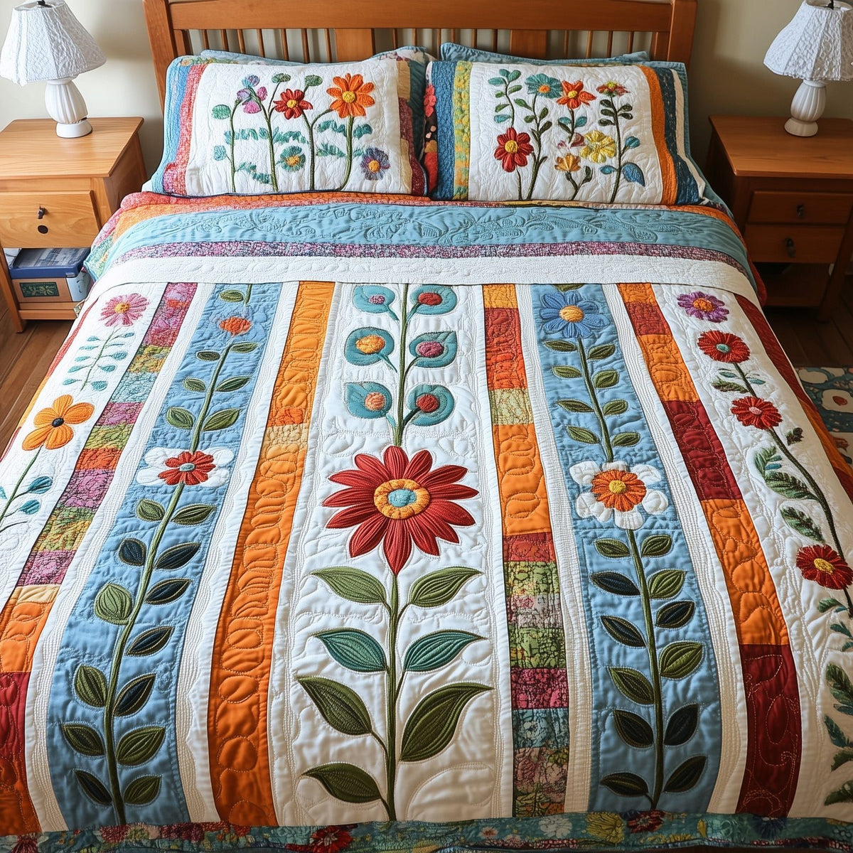 Patchwork Blooming Meadow Stripes quilted 3-piece bedding set on a made bed in a farmhouse bedroom
