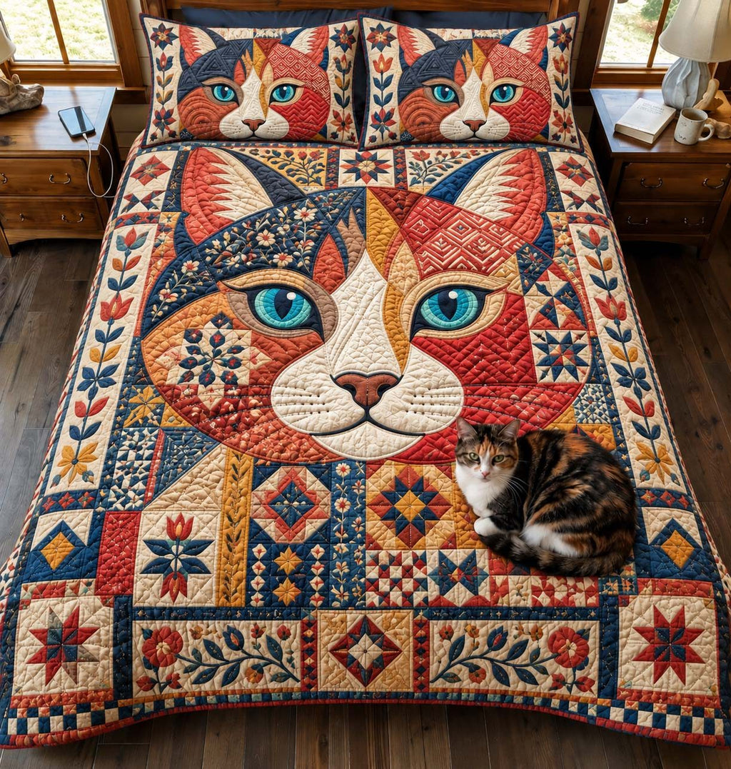 Patchwork Cat quilted 3-piece bedding set on a made bed in a farmhouse bedroom
