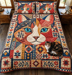 Patchwork Cat quilted 3-piece bedding set on a made bed in a farmhouse bedroom