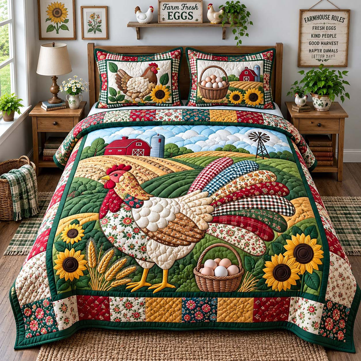 Patchwork Hen Farm quilted 3-piece bedding set on a made bed in a farmhouse bedroom
