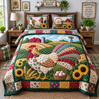 Patchwork Hen Farm quilted 3-piece bedding set on a made bed in a farmhouse bedroom
