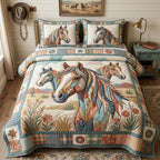 Patchwork Horse Dream quilted 3-piece bedding set on a made bed in a rustic timber bedroom