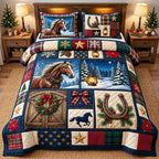 Patchwork Horseshoe Snowy Horse quilted 3-piece bedding set on a made bed in a rustic timber bedroom