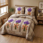 Patchwork Lavender quilted 3-piece bedding set on a made bed in a farmhouse bedroom