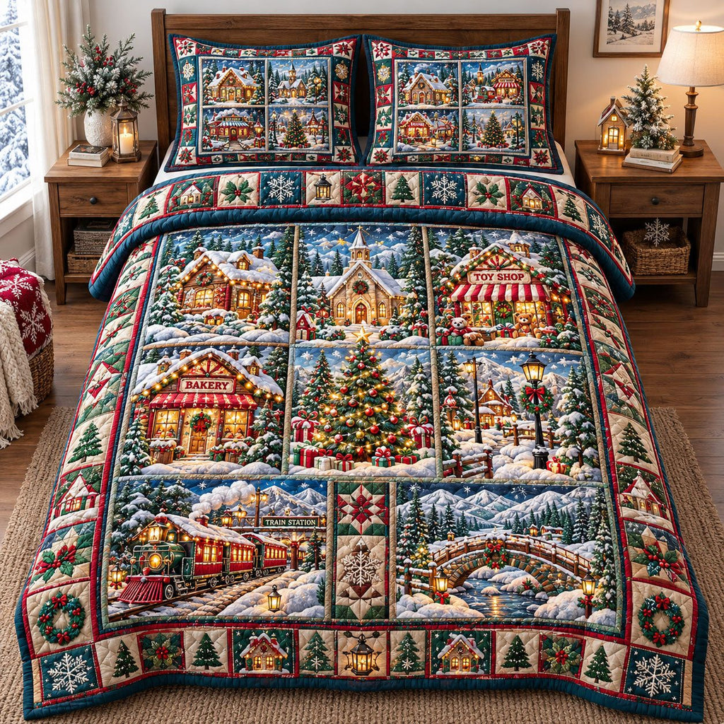 Patchwork Panels Christmas Village quilted 3-piece bedding set on a made bed in a winter-styled bedroom