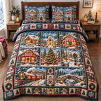 Patchwork Panels Christmas Village quilted 3-piece bedding set on a made bed in a winter-styled bedroom