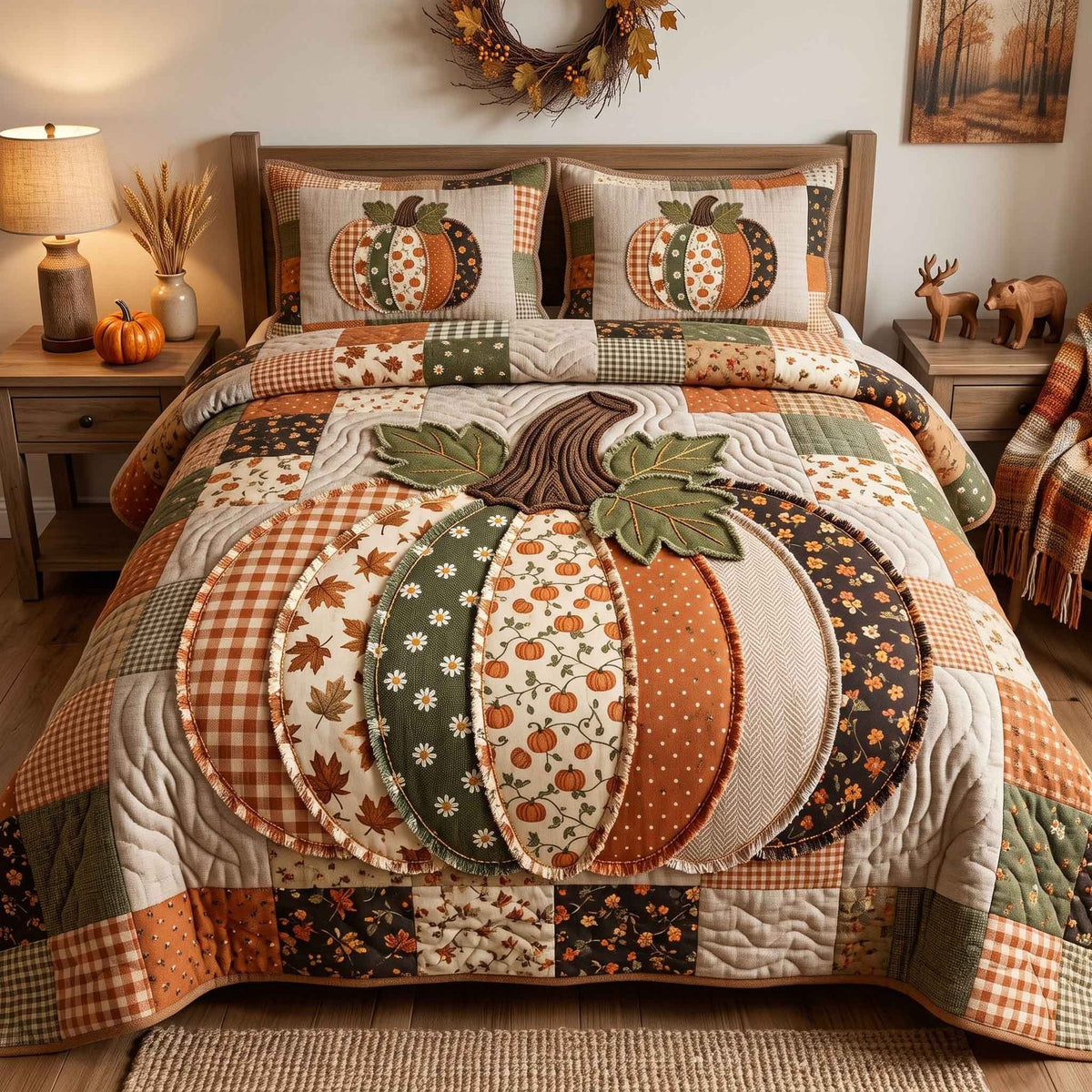 Patchwork Pumpkin Patch Cream quilted 3-piece bedding set on a made bed against a dark styled interior