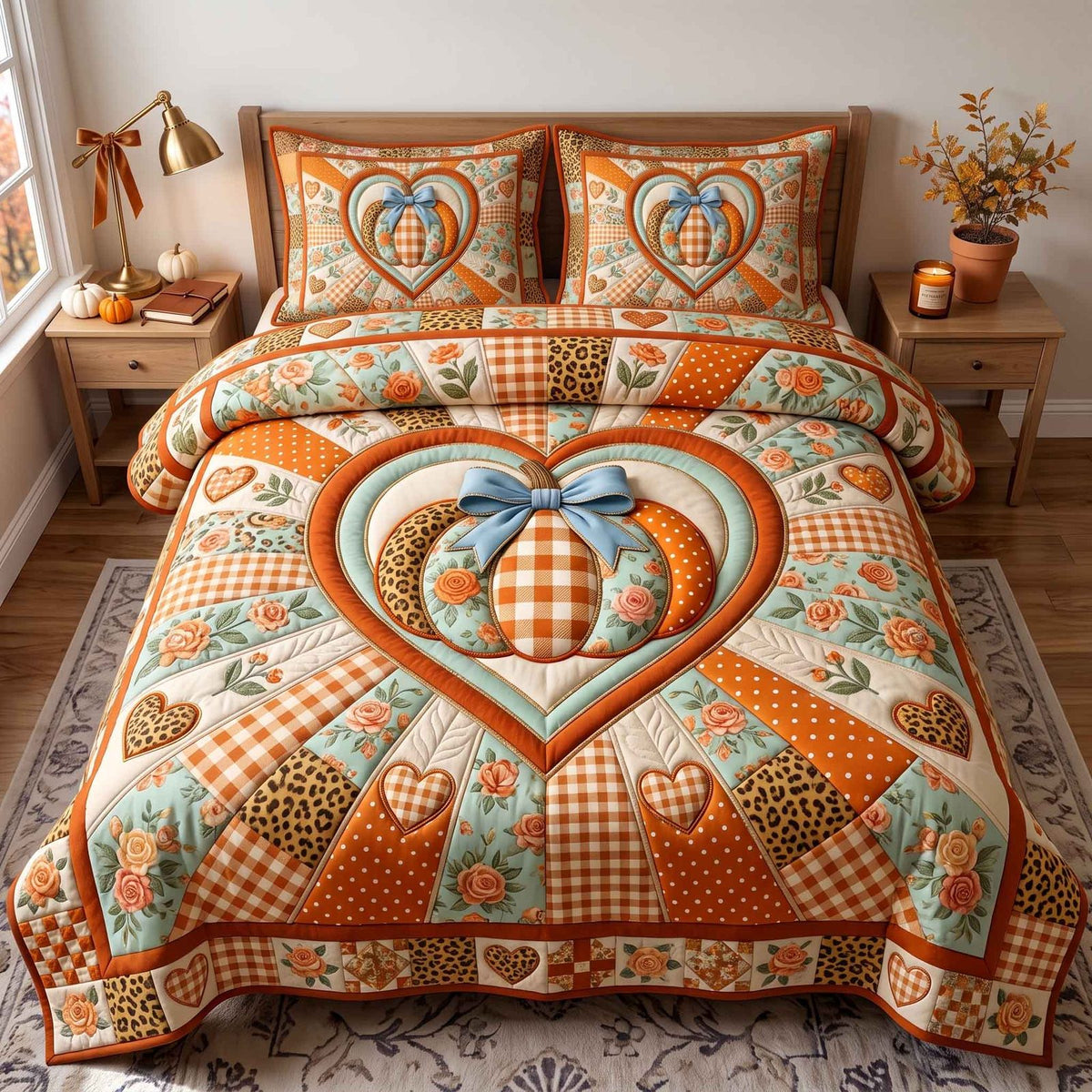 Patchwork Pumpkin Patch Gingham quilted 3-piece bedding set on a made bed against a dark styled interior