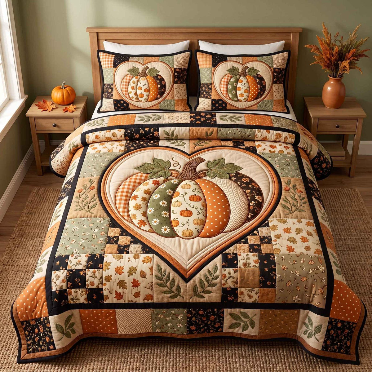 Patchwork Pumpkin Patch Heart quilted 3-piece bedding set on a made bed against a dark styled interior