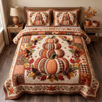 Patchwork Pumpkin Patch Stack quilted 3-piece bedding set on a made bed against a dark styled interior