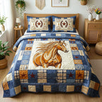 Patchwork Ranch quilted 3-piece bedding set on a made bed in a rustic timber bedroom