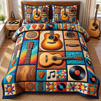 Patchwork Records Acoustic Guitar quilted 3-piece bedding set on a made bed in a farmhouse bedroom