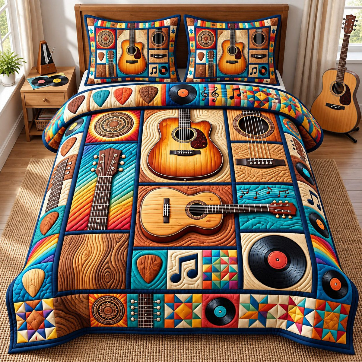 Patchwork Records Acoustic Guitar quilted 3-piece bedding set on a made bed in a farmhouse bedroom