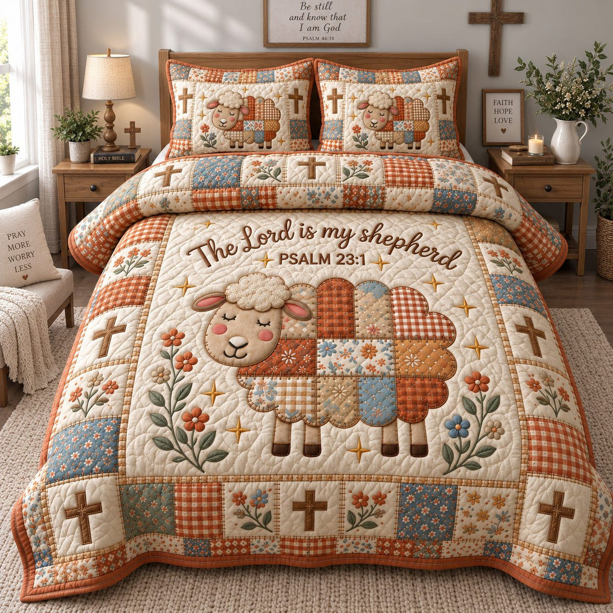 Patchwork Shepherd Lamb quilted 3-piece bedding set on a made bed in a farmhouse bedroom