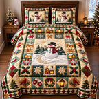 Patchwork Snowman Noel quilted 3-piece bedding set on a made bed in a winter-styled bedroom