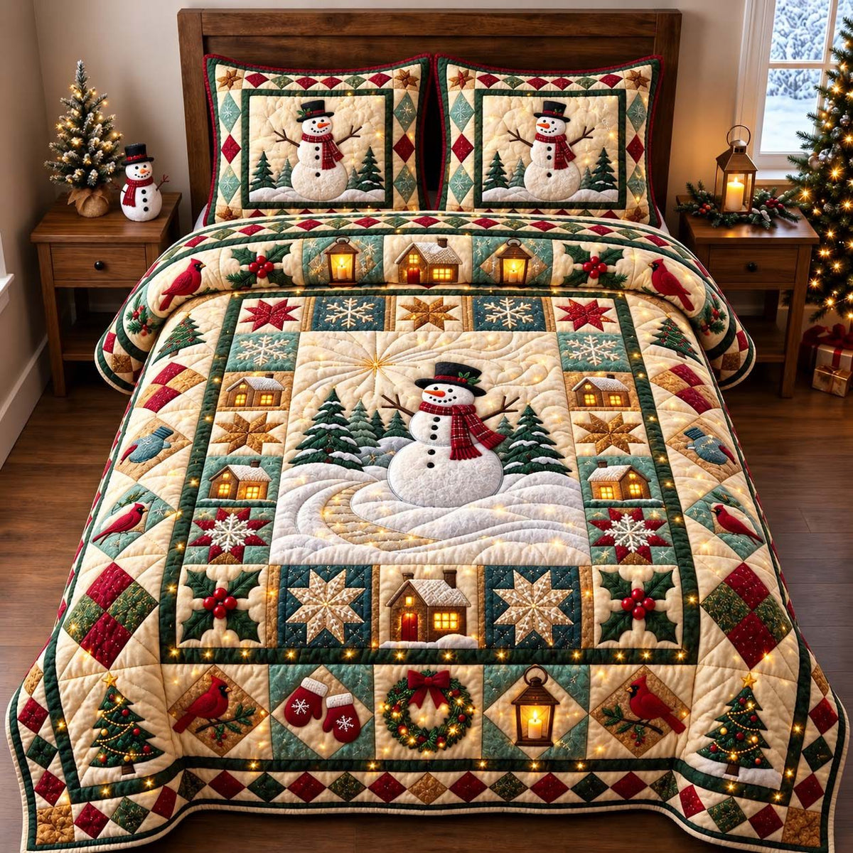 Patchwork Snowman Noel quilted 3-piece bedding set on a made bed in a winter-styled bedroom